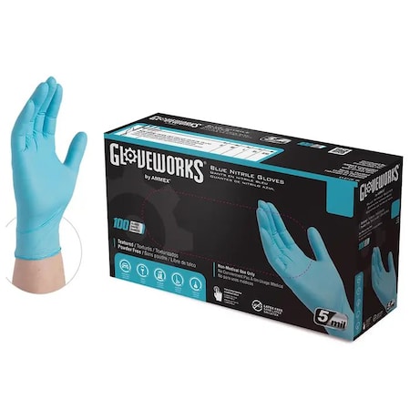 Gloveworks INPF, Disposable Gloves, 5 mil Palm, Nitrile, Powder-Free, XL, 100 PK, Blue INPF48100